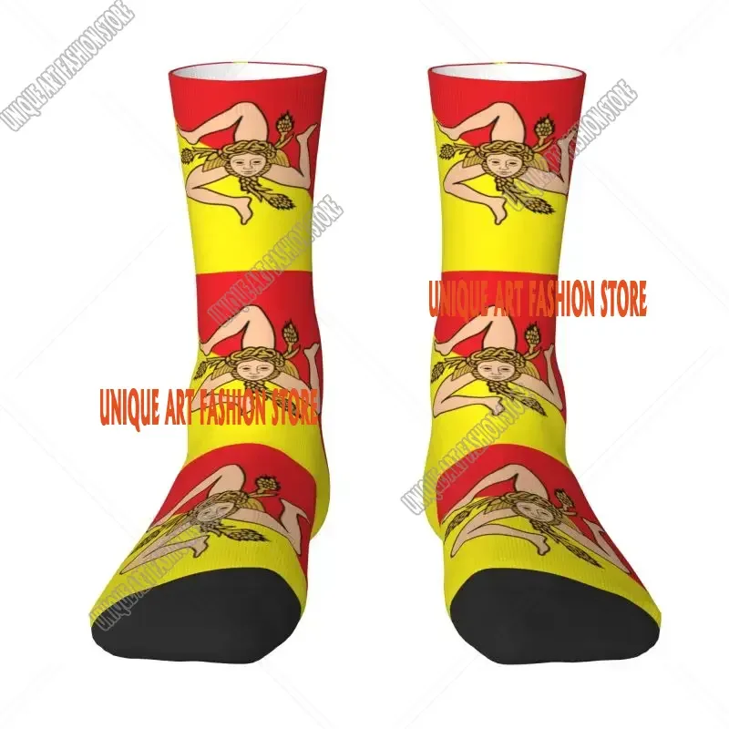 Italian Island Sicily Flag Dress Socks Men's Women's Warm Breathable Fashion Novelty Sicilian Bandiera Crazy Crew Socks