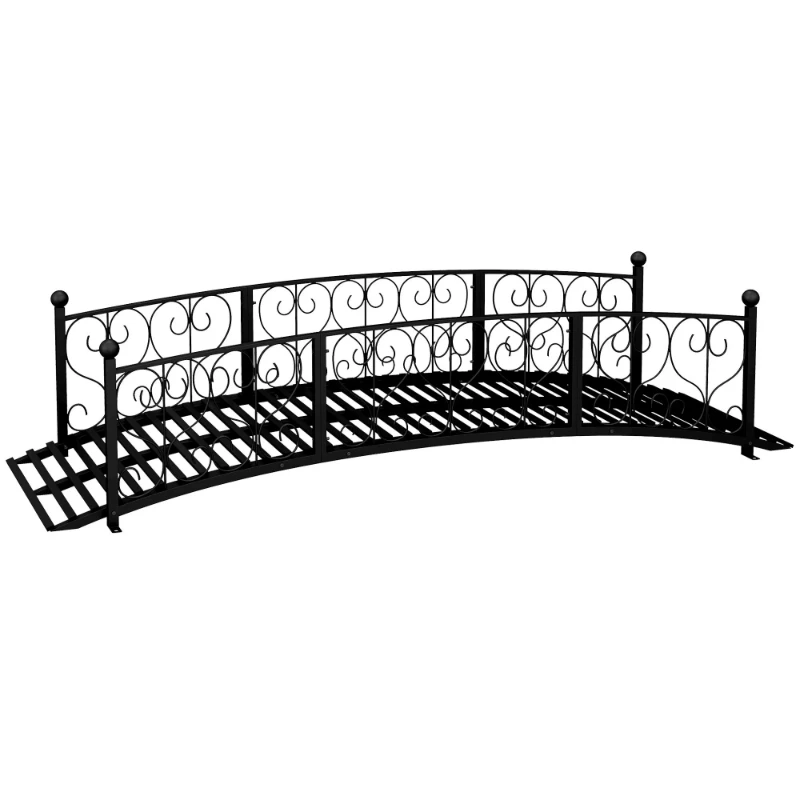 7-Piece black metal arched garden bridge pedestrian bridge with side rails and decorative florals