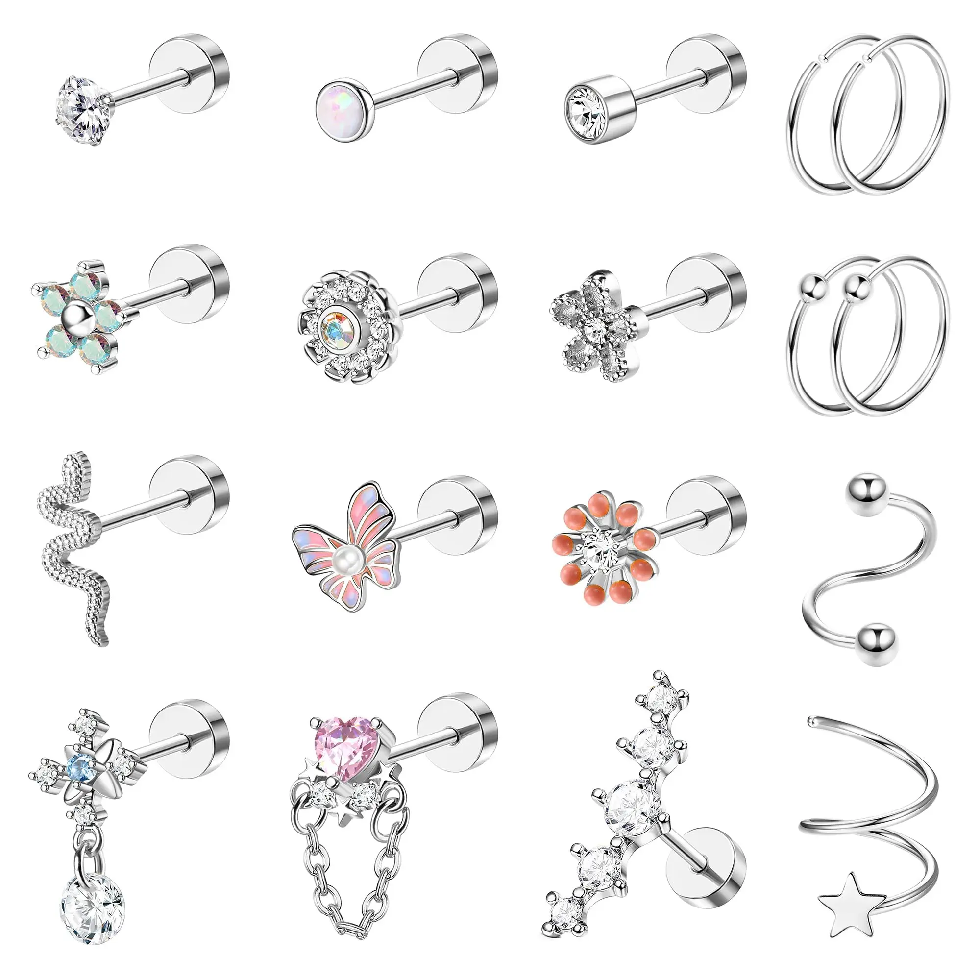 

Florideco 18PCS Cartilage Earring Stud for Women Surgical Steel Flat Back Earrings Piercing Opal Flower Sanke Helix CZ Earring