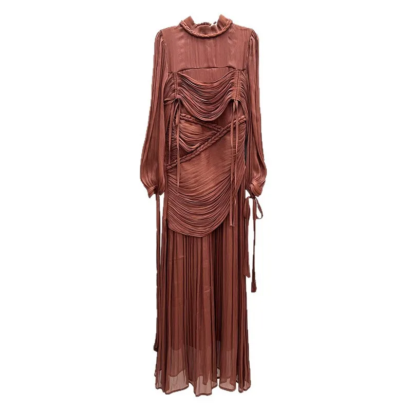 Southeast Asia Bestselling Elegant Style2025New Early Autumn Stand Collar Lantern Sleeve Pleated Flared Long Dress