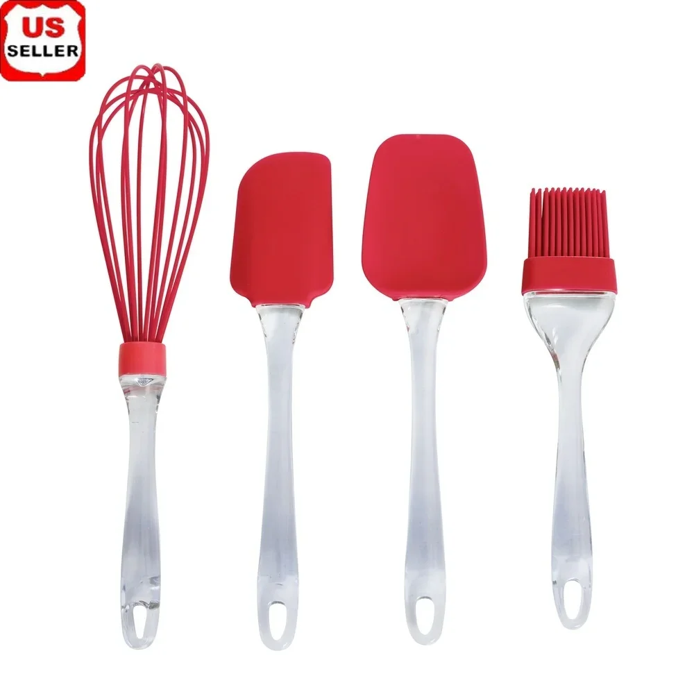 

Silicone Kitchen Utensils Set 4 Piece Whisk Spatula Spoon Basting Brush Heat Resistant Easy Clean Dishwasher Safe Cooking Tool