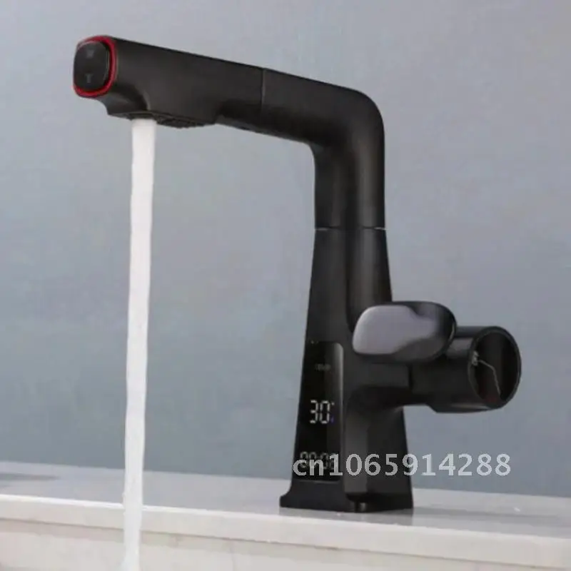 Waterfall Digital Temperature Display Bathroom Basin Faucet Brass Tap Sink And Bathroom Water Cold Pull Out New Mixer Hot