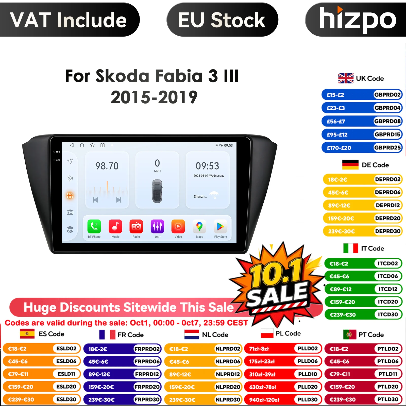 Carplay 4G 9 "autoradio Android per Skoda Fabia 3 III 2015 2016 2017 2018 2019 lettore multimediale navigazione GPS 2 Din Stereo DSP