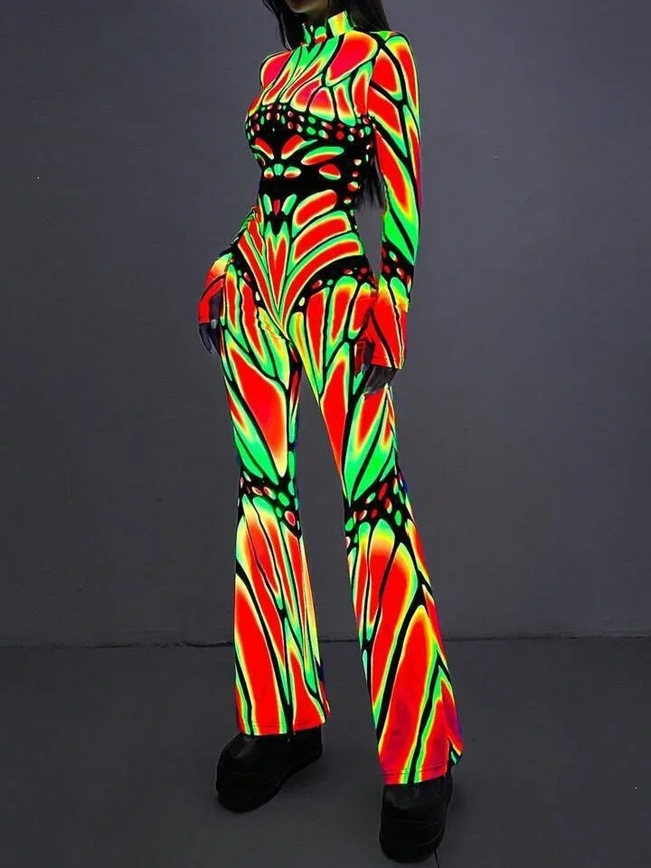 Weihnachts-Overall für Damen mit ausgestelltem Bein, Candy Cane- und Schneeflockenmuster, Glockenbein-Design, Totenkopf-Bodysuit, Halloween-Weihnachts-Clubwear, Partykostüm – Detail 15