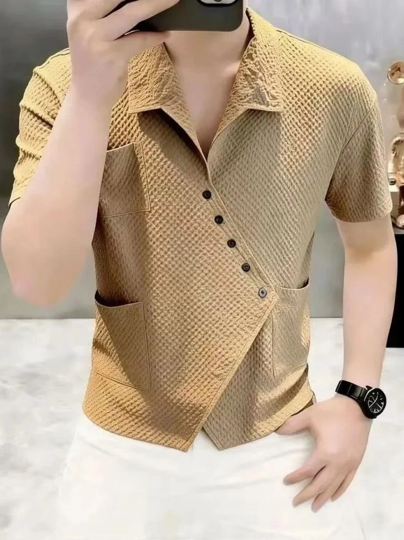 Fashionable Summer Short Sleeve Shirt Men's Casual Lightweight Luxury Irregular Collar Stylish Printed Polyester Shirt Top