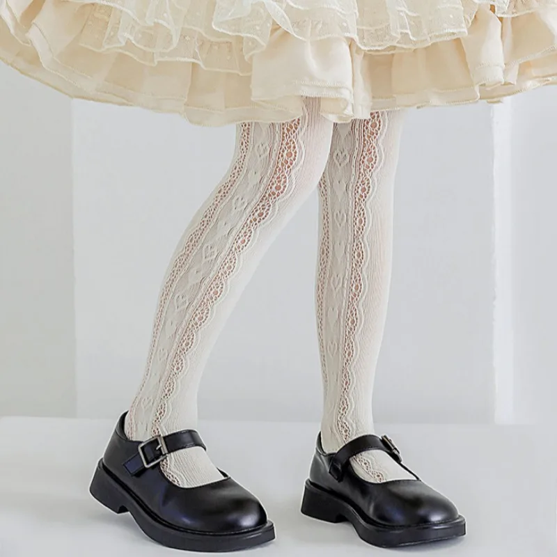 New Summer Girls Tights Pure Cotton Breathable Mesh Beige White Black Children Princess Pantyhose Lolita Leggings For 2-12Y image 2