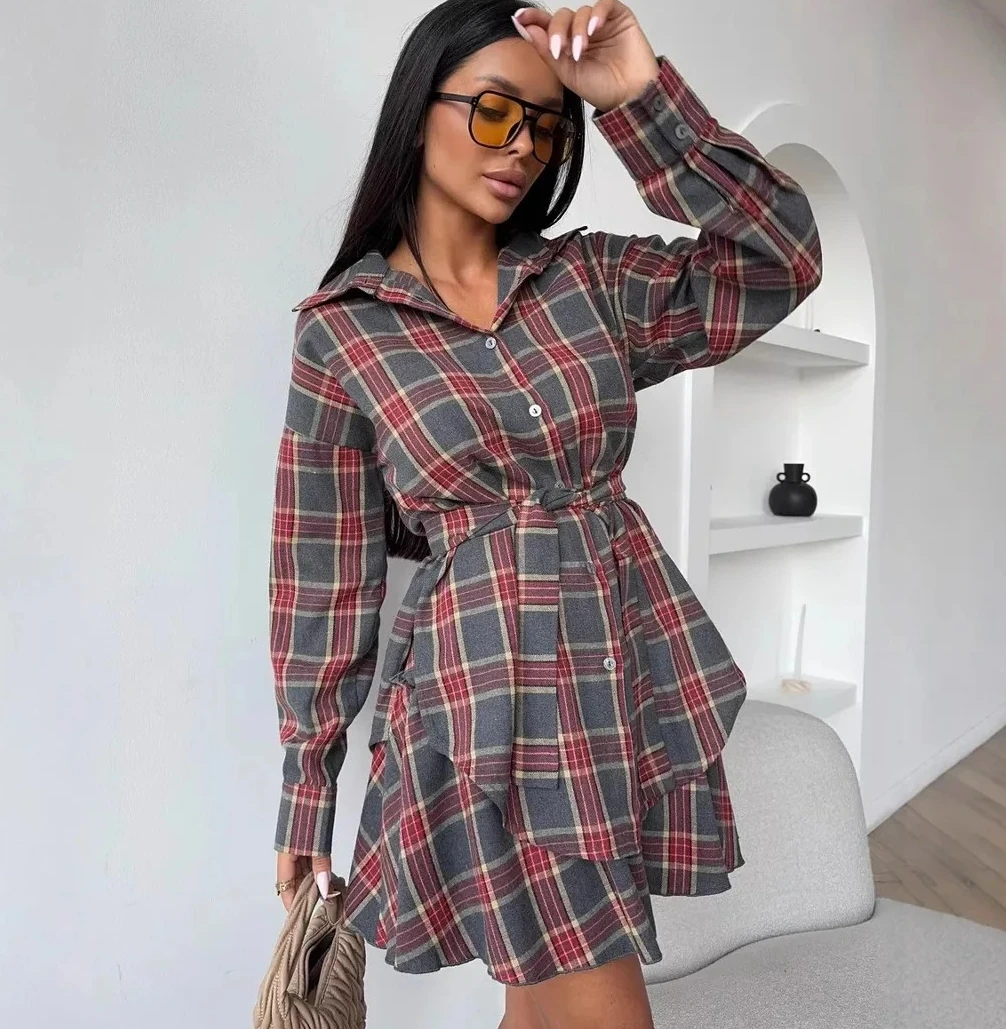 

Модная и повседневная клетчатая юбка, комплект женской юбки, свободная рубашка с лацканами, пояс с завязками