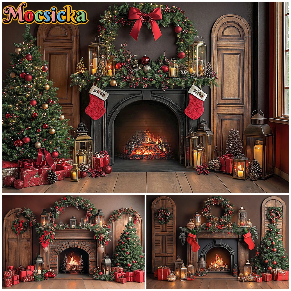 

Mocsicka Christmas Fireplace Background Photography Soft Washable Gifts Tree Photo Backdrop Indoor Red Bow Socks Decor Wallpaper