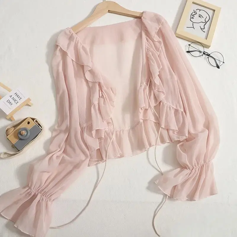 Women Summer Lightweight and Thin Breathable Cardigan Coat Chiffon Sling Skirt Loose Little Shawl All-match Cover Up Shirt Tops