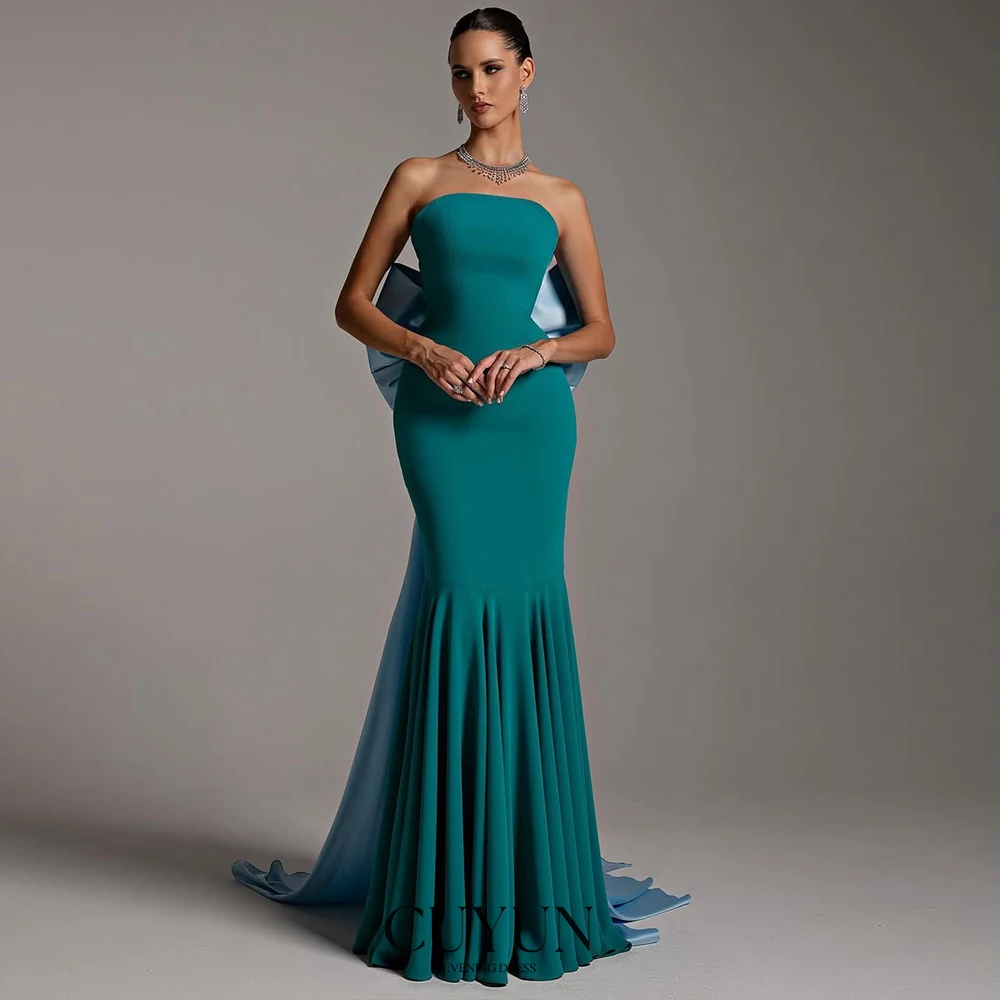 

CUYUN Teal Elegant Mermaid Evening Dresses with Bow Train Strapless Draped Women Party Dresses Customized Formal Gown for Lady