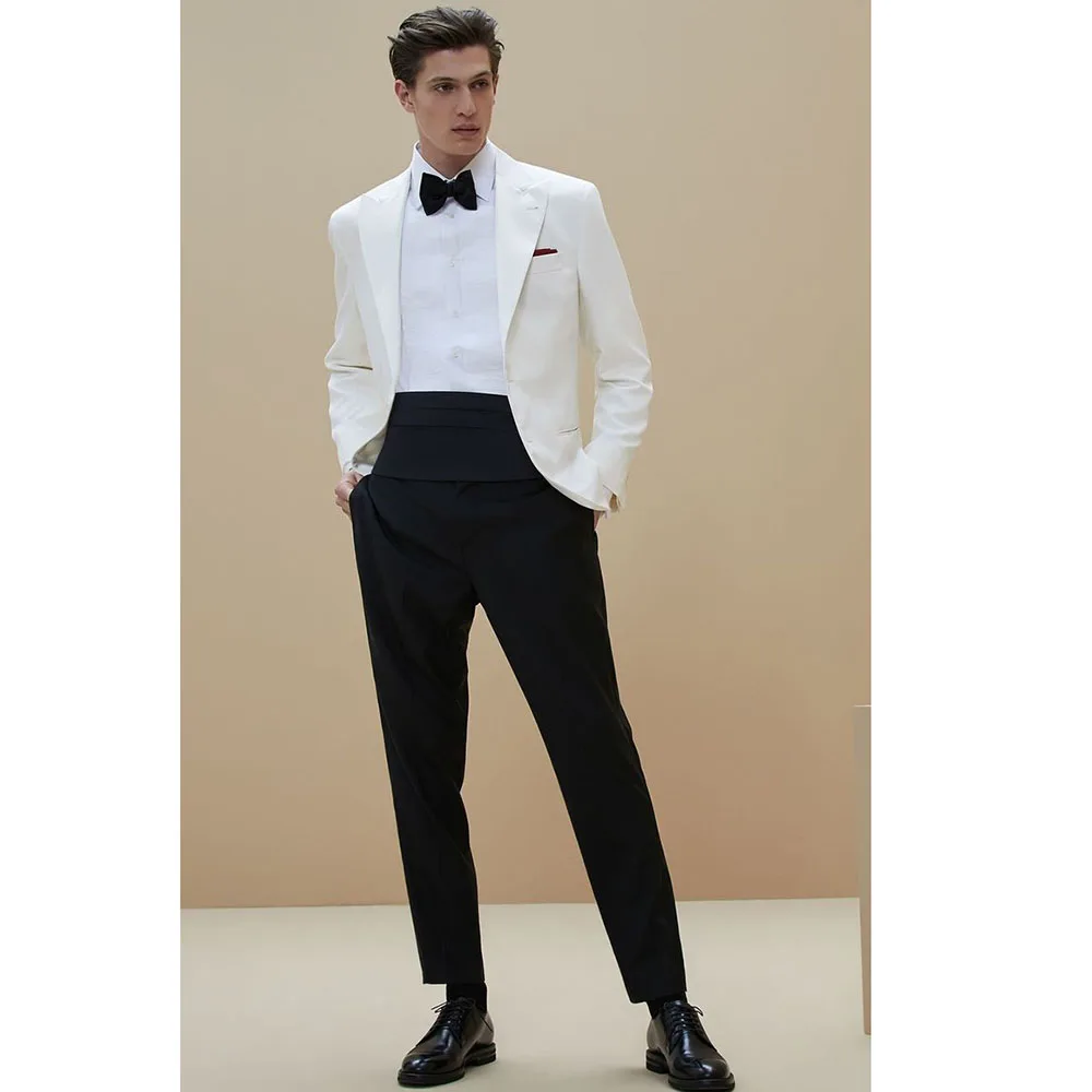 Formal Single Breasted Peak Lapel Men Suits White Blazer Black Pants Outfits Set Bespoke High End Male Clothing Slim Fit Terno