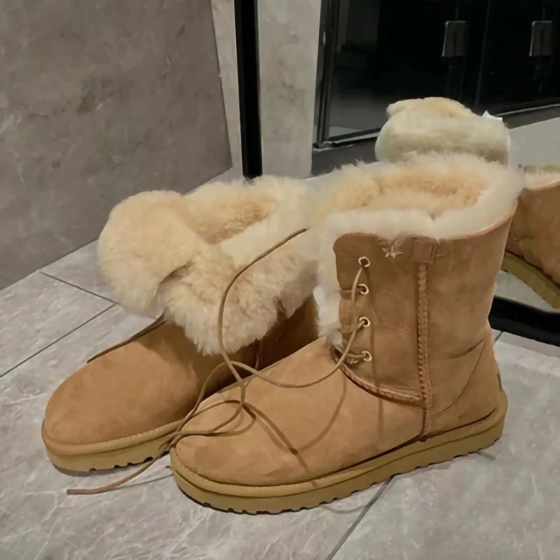 

Fashion Retro Colorful Thick Bottom Snow Boots Winter Warm Padded Fur One Mid Calf Cotton Christmas Women Soft Cool Non-slip