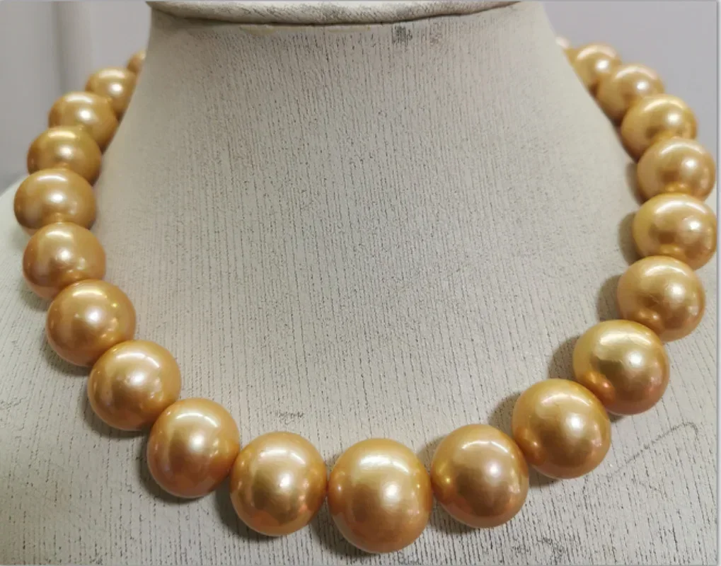 

Suberb Huge 17"13-15mm Genuine Gold Round Pearl Necklace Women Jewelry Wedding Party Gift 925 Sterling Silver