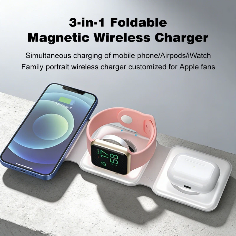 

Магнитная беспроводная зарядная станция 3-в-1 для серии iPhone, складная зарядная станция, док-станция для быстрой зарядки MagSafe