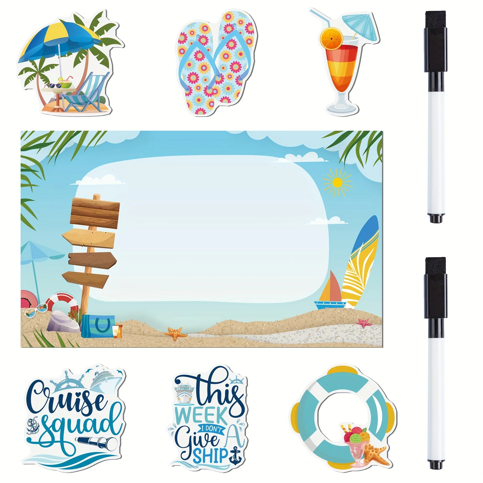 Décoration magnétique de porte de croisière – Décoration de porte de croisière 9 pièces avec 2 stylos, autocollants magnétiques, aimant de réfrigérateur