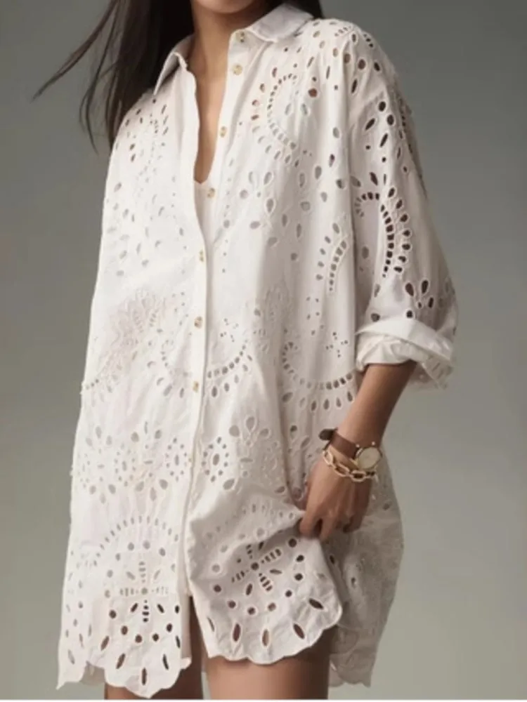 

Women's Fashion Solid Hollow Out Shirts Casual Long Sleeve Lapel Collar Cardigan Buttons Shirt Female White Loose Ladies Blouse