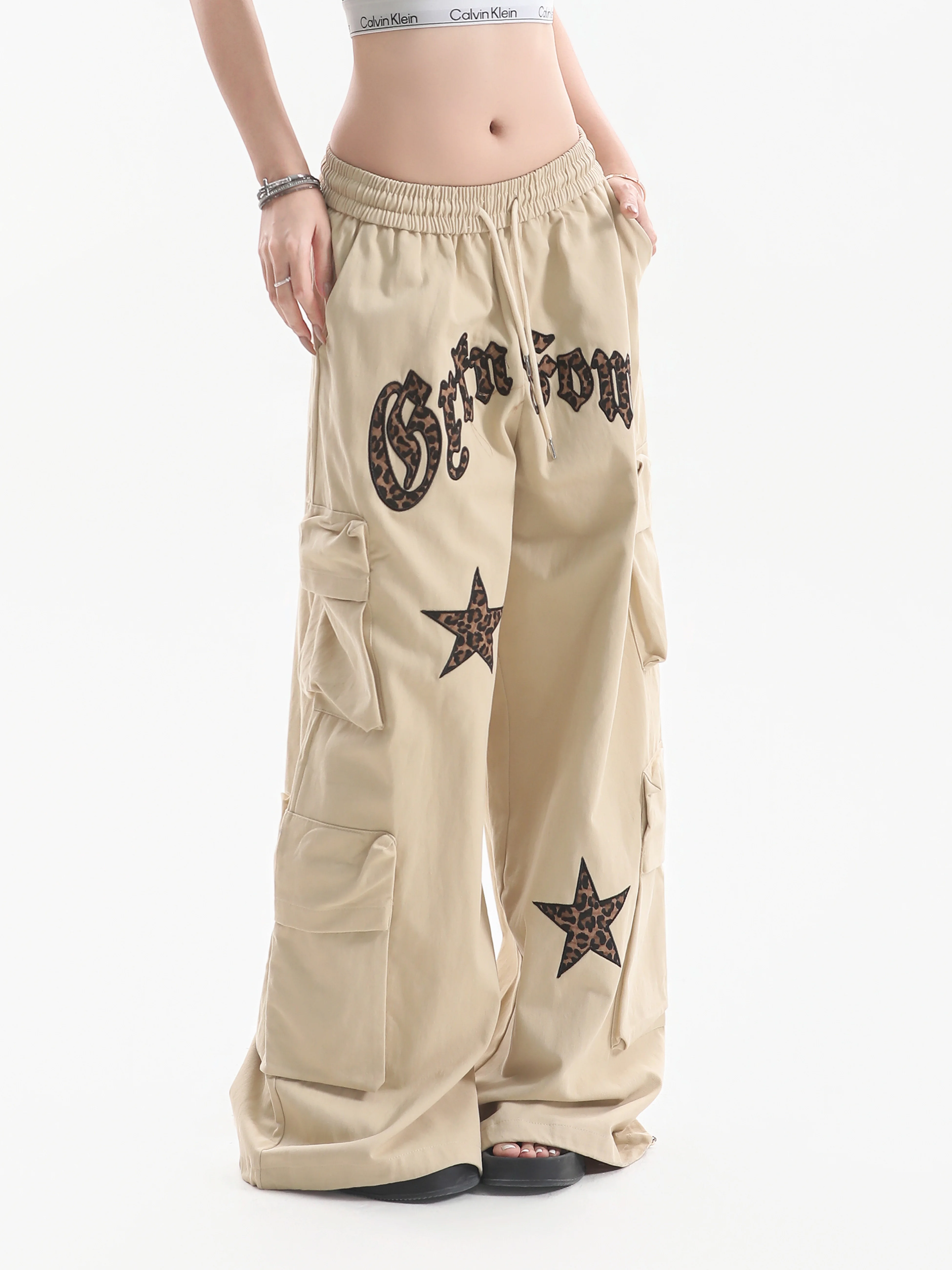 American Style Street Leopard Letter Work Pants Women Loose Wide Leg Drag on the Ground Neutral Slim Casual Pants