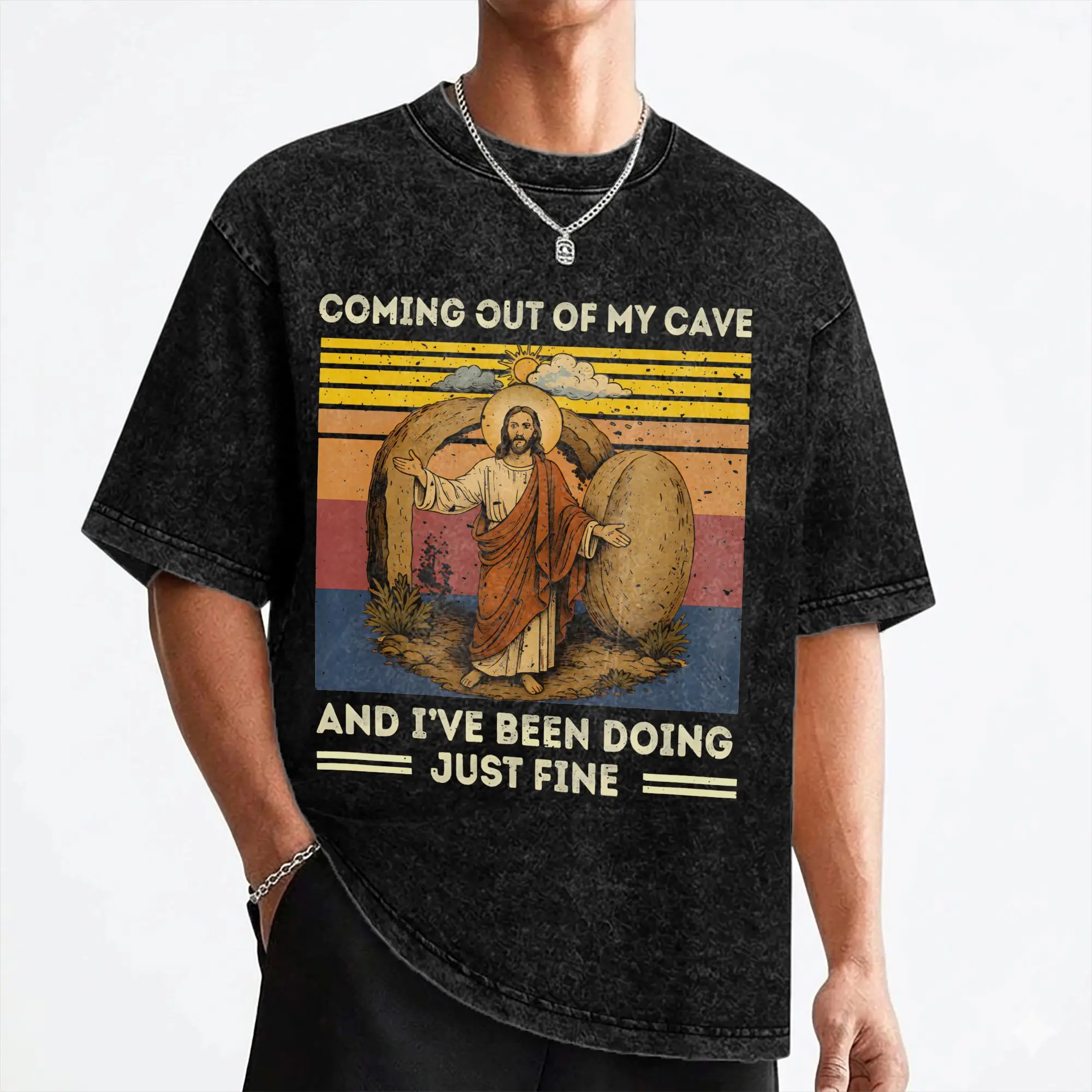 Washed T Shirts Easter Coming Out My Cave Jesus Resurrection Hip Hop Vintage T-Shirts High Street Streetwear Tee Shirt for Men