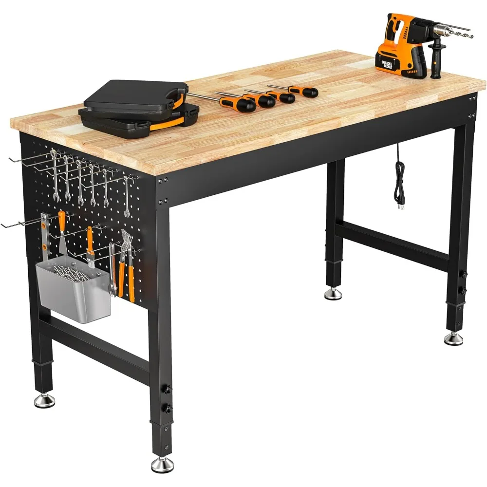 

48" Adjustable Heavy Duty Workbench, 2000 LBS Load Capacity Rubber Wood Work Table with Pegboard, Power Outlets