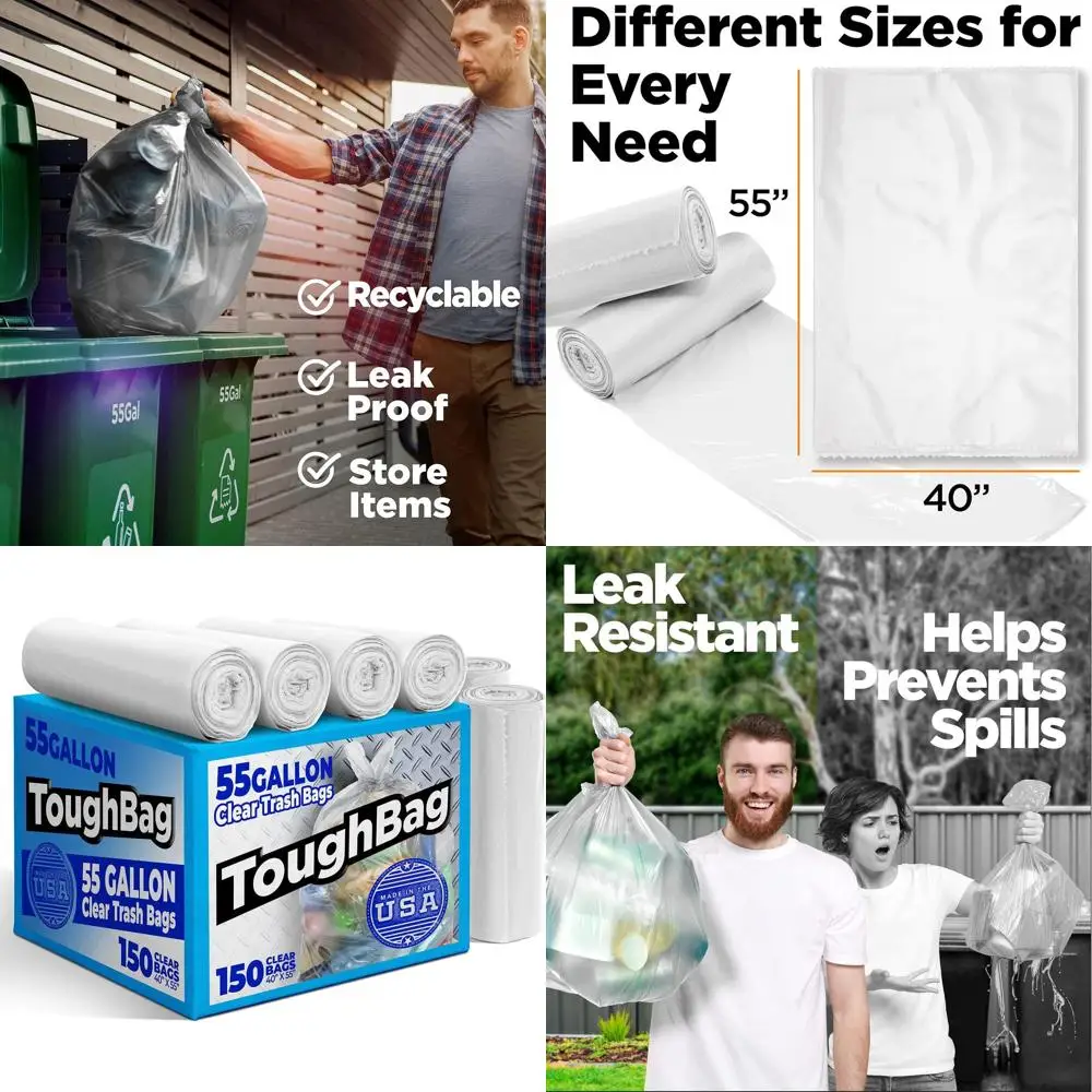 

Large Heavy-Duty Clear Trash Bags, 55-60 Gallon, 150 Pack, Made in USA