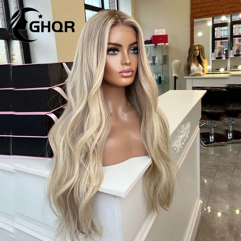 Highlights Blonde Human Hair Wigs Brown Roots Colored 360 Lace Frontal Wig Natural Wavy Transparent Lace preplucked human wig