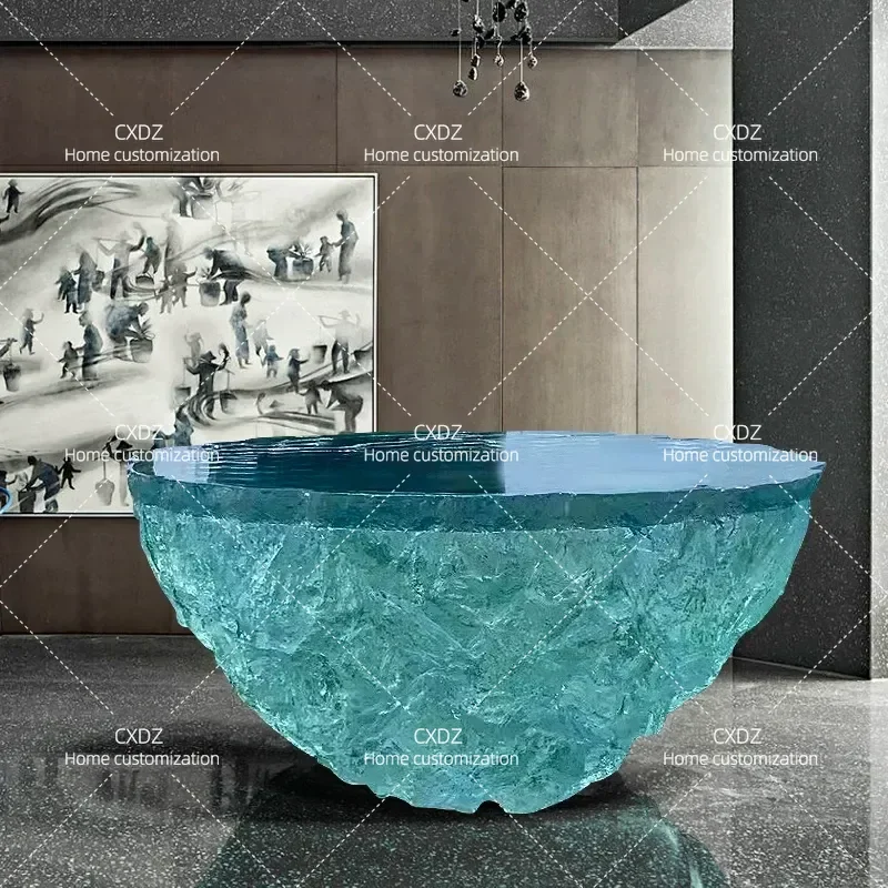 Transparent Resin Coffee Table Round Ocean Design Light Luxury High End Tea Table for Hotel Villa Living Room Household Use