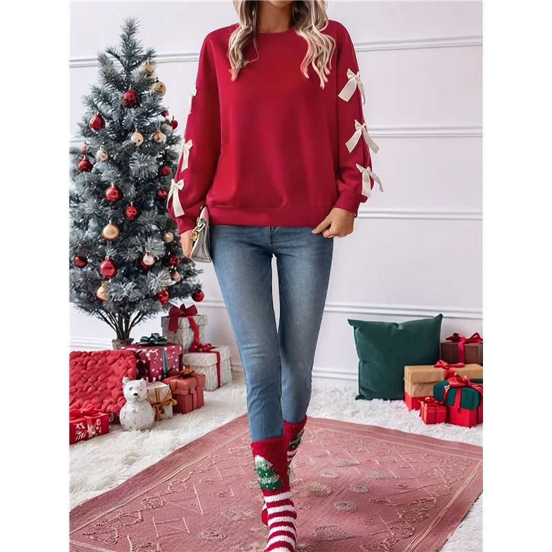

AG-Women's Y2K Ribbon Long Sleeve Top - Crew Neck Red Christmas & New Year Bowknot Oversized Pullover Shirt