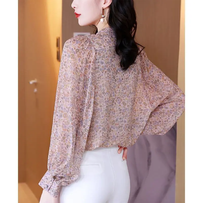 New Floral Chiffon Shirt for Women with a Niche Design Loose Lantern Sleeves Western Style Printed Top for Women