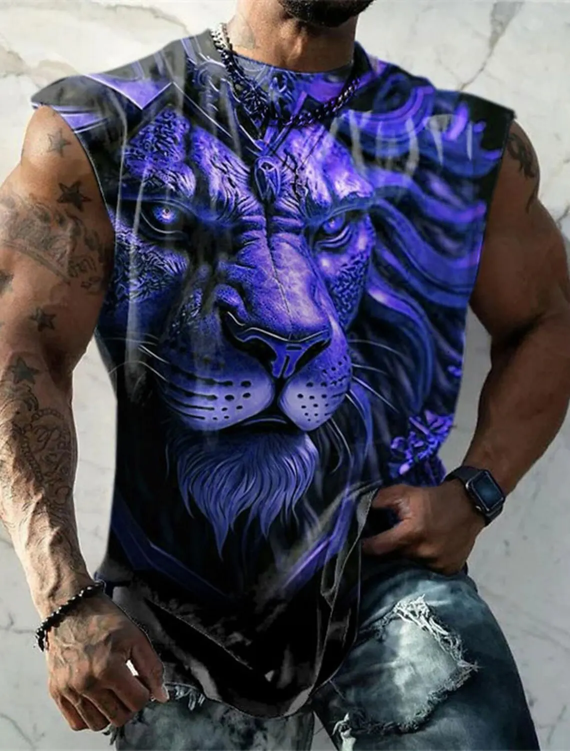 2023 Men\'s Vest Sleeveless T Shirt Mystery Panther Pattern Round Neck Clothing Fashion Sleeveless Print Fitness Sportswear