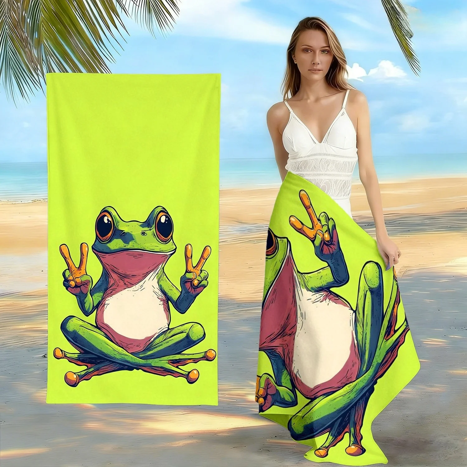 Cute Peace Sign Frog Beach Towel, Neon Green Cartoon Frog Print Oversized Bath Towel, Soft Quick Dry Summer Beach Blanket 1pcs