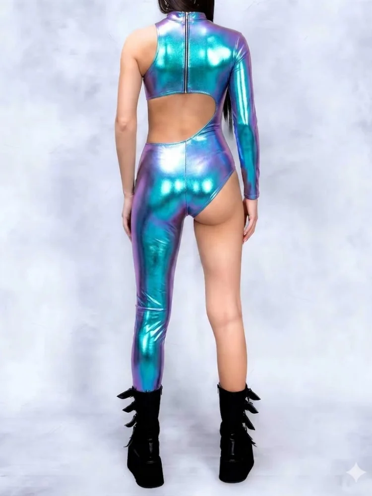 Damen Glänzender Metallischer Spandex-Unitard, Unregelmäßiger Jumpsuit mit Einem Arm, Halloween-Karnevalsparty Zentai-Kostüm mit Halbarm – Detail 3