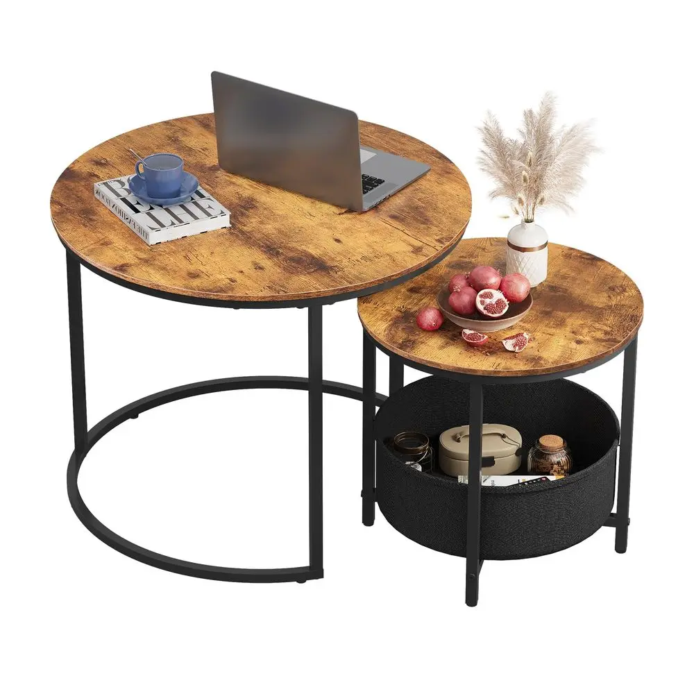 Nesting Table, Set of 2 Round Coffee Tables with Fabric Storage Basket, Sturdy Metal Frame, Wooden Sofa Side Table for Living R