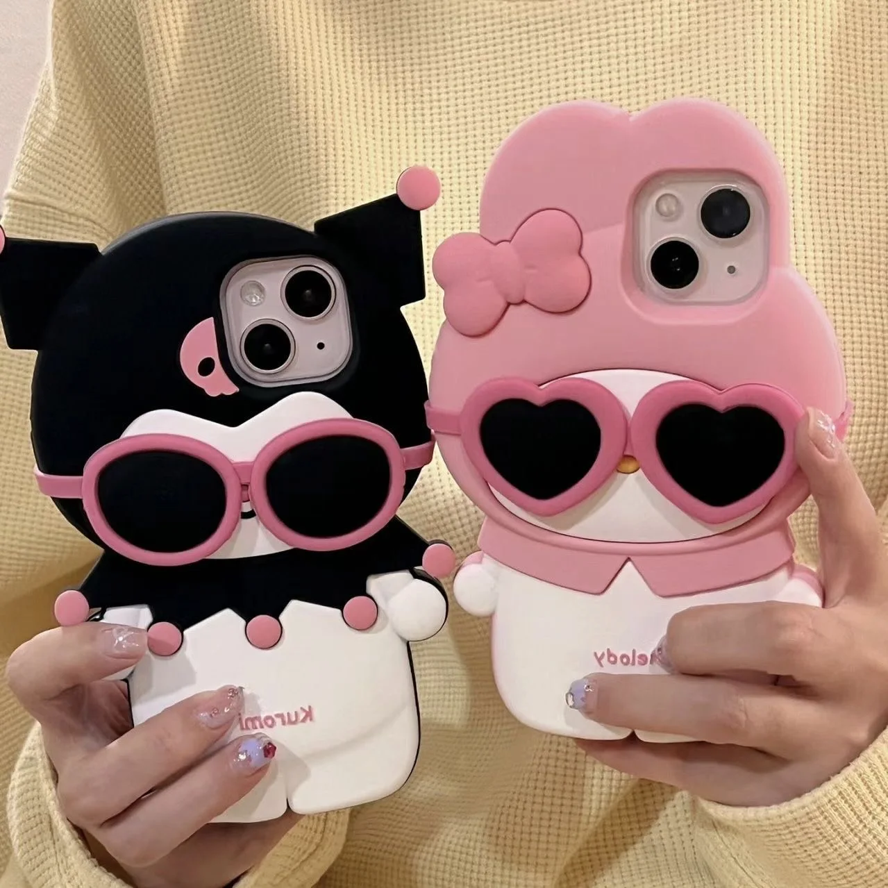 3D Cartoon Sunglasses My Melody Kuromi Stereo Phone Case for IPhone 15 14 13 12 11 Pro Max Soft Silicone Back Cover Funda