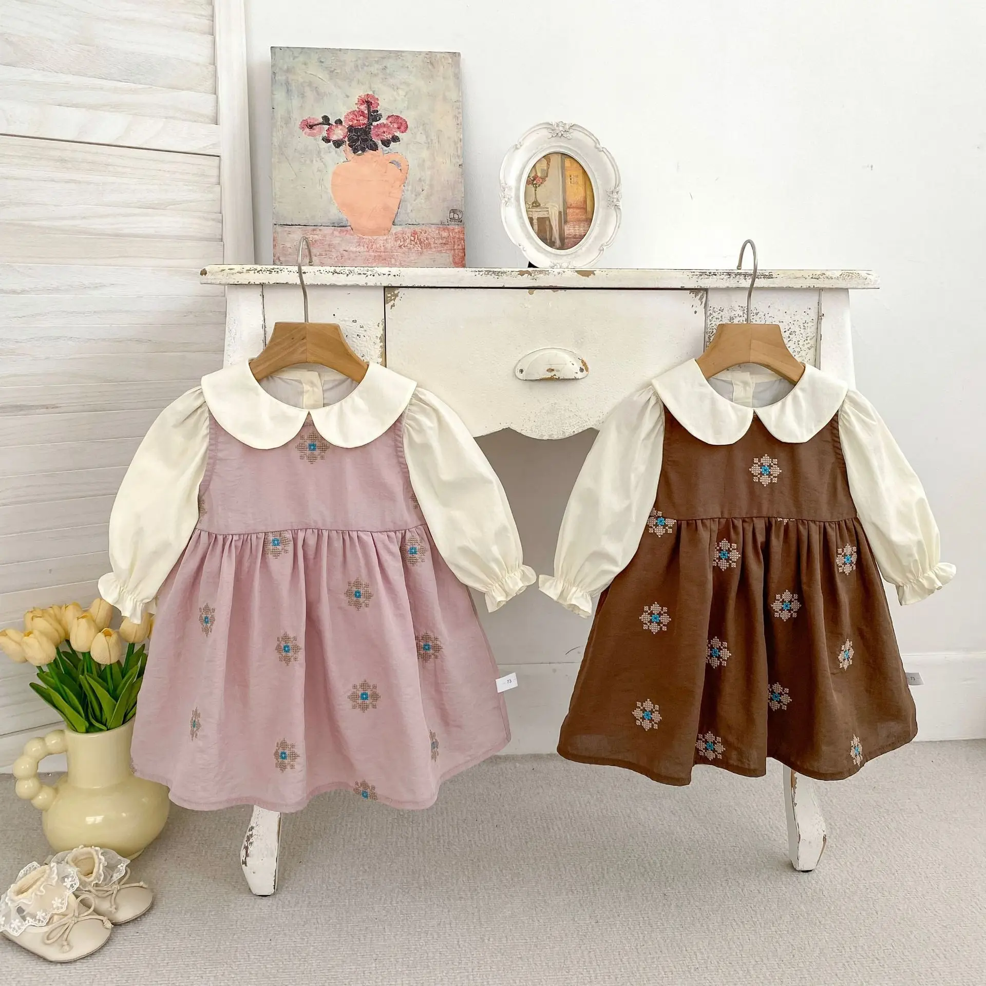 2026 Autumn New Baby Girl Long Sleeve Lapel Dress Cotton Girls Cute Flower Vest Dress Infant Princess Dress Toddler Clothes