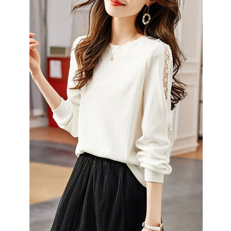 Women Stylish Hollow Out Lace Patchwork Black White Elegant T-shirt Casual O Neck Long Sleeve Loose Pullover Tops Ropa De Mujer