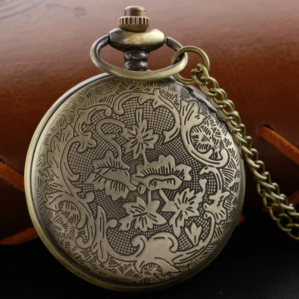 Dragon-Phoenix Carved Retro Quartz Pocket Watch Necklace Classical Dial Bronze Case With Chain Unisex Pendant Gift For Women Men