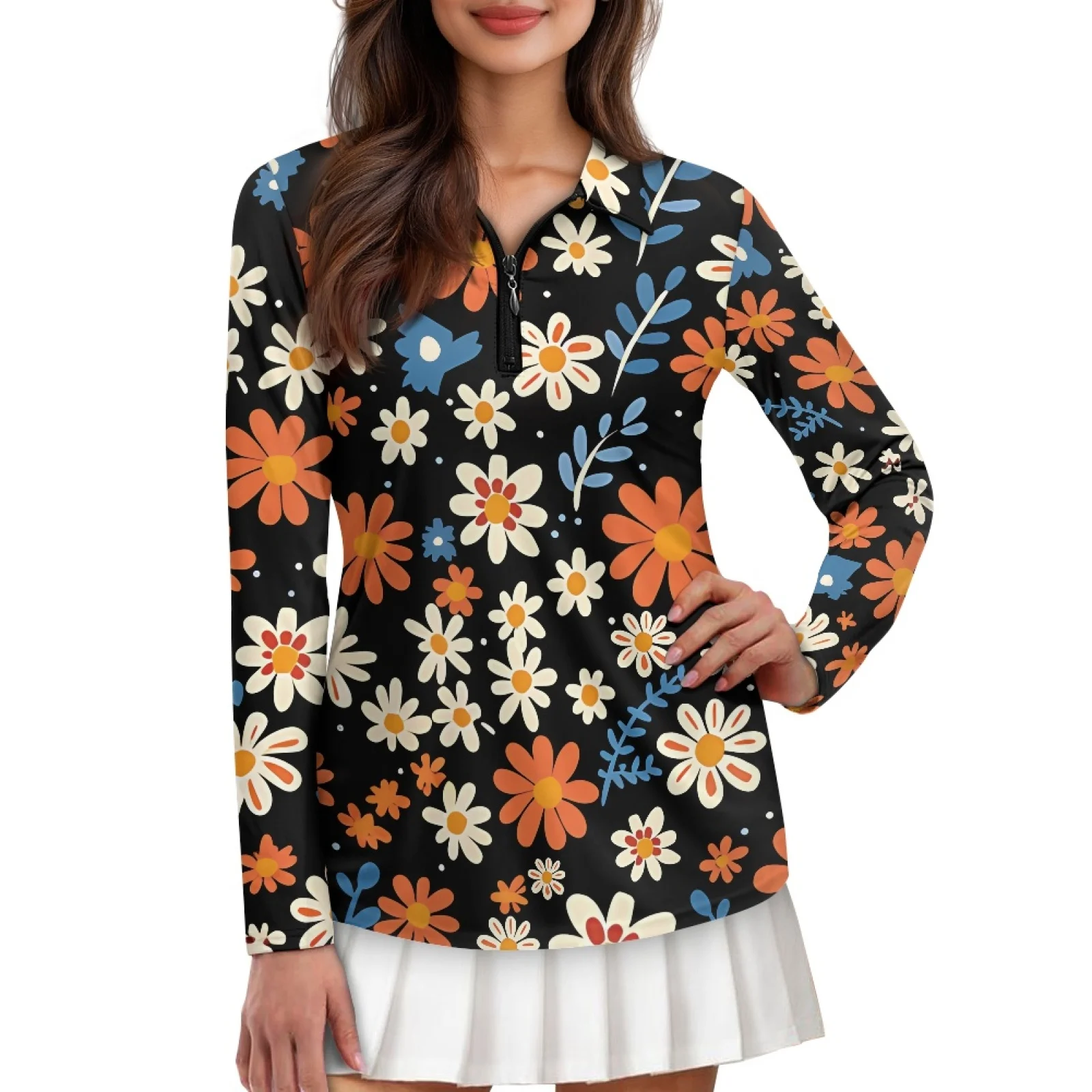 PENSTROLL Retro Daisy Floral Womens Golf Shirts, Stretch Lightweight Tennis Polo Tops for Running Yoga and Pilates