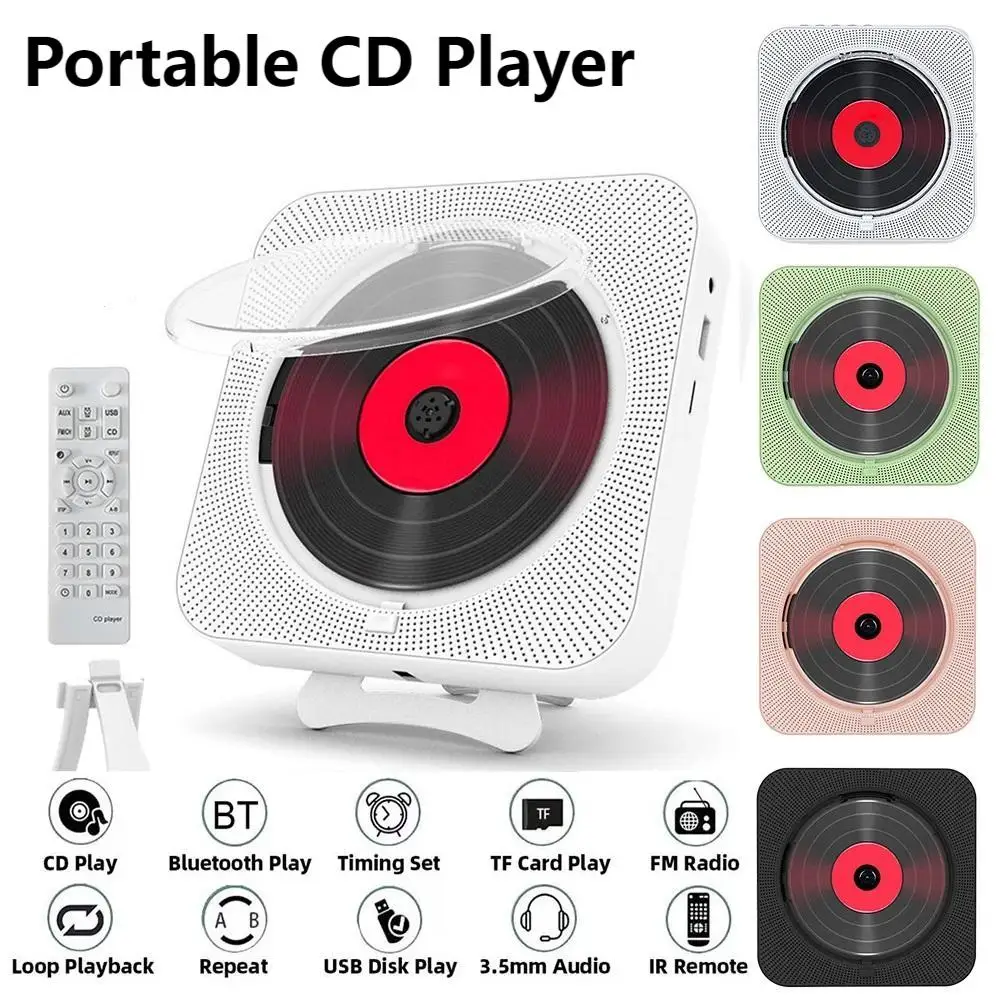 Portable CD Player Wall Mounted Bluetooth Speaker Stereo Music Player LED Screen 3.5mm CD Music Player with IR Remote FM Radio