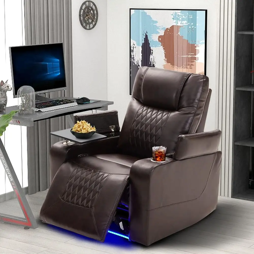 Brown Recliner Chair with USB Port, Ambient Lighting, and Cup Holders for Home Theater Gaming