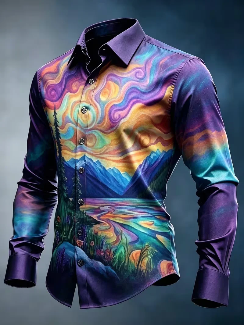 New Picasso Abstract Art Printed Shirt, Retro Color Contrast Splicing, Personalized Men's Long Sleeve Shirt