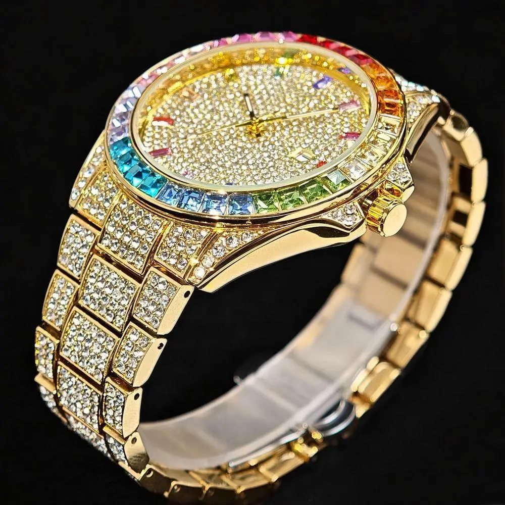 2025 Fashion Luxury Brand Rainbow Ice Diamond Waterproof Watches For Men Hip Hop  Sparkling Jewelry Male Quartz Wrist Watch Gift