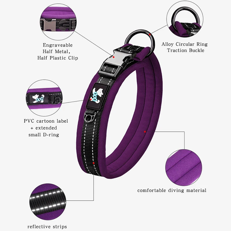 CP399 Soft Comfortable Padded Engraving Buckle Reflective Adjustable Durable Nylon High Quality Pet Dog Collar