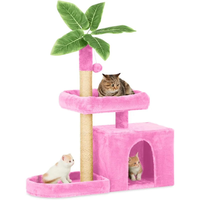 

31.5" Cat Tree Tower for Indoor with Green Leaves, Cat Condo Cozy Plush with Hang Ball and Leaf Shape Design, Cat Furniture Pet
