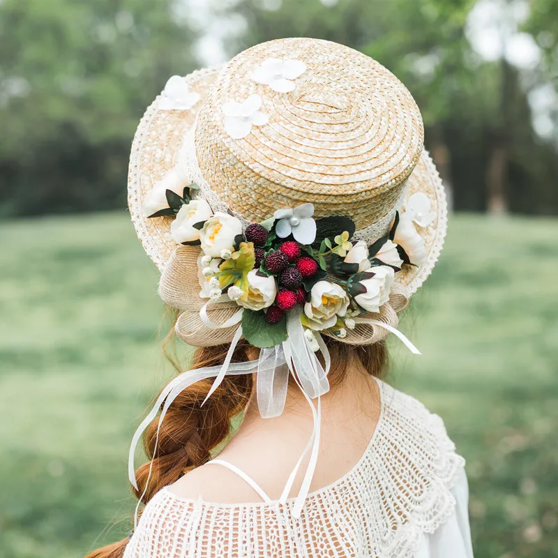 Topi Matahari Wanita Baru untuk Orang Tua-anak Karangan Bunga Rumput Sastra Retro dengan Pita Renda Topi Jerami Datar Topi Liburan Pantai