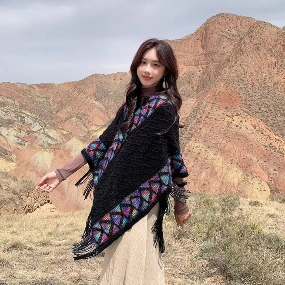 

Модный вязаный пуловер в этническом стиле, шаль, зимнее теплое элегантное монгольское пончо, пальто, накладки для женщин