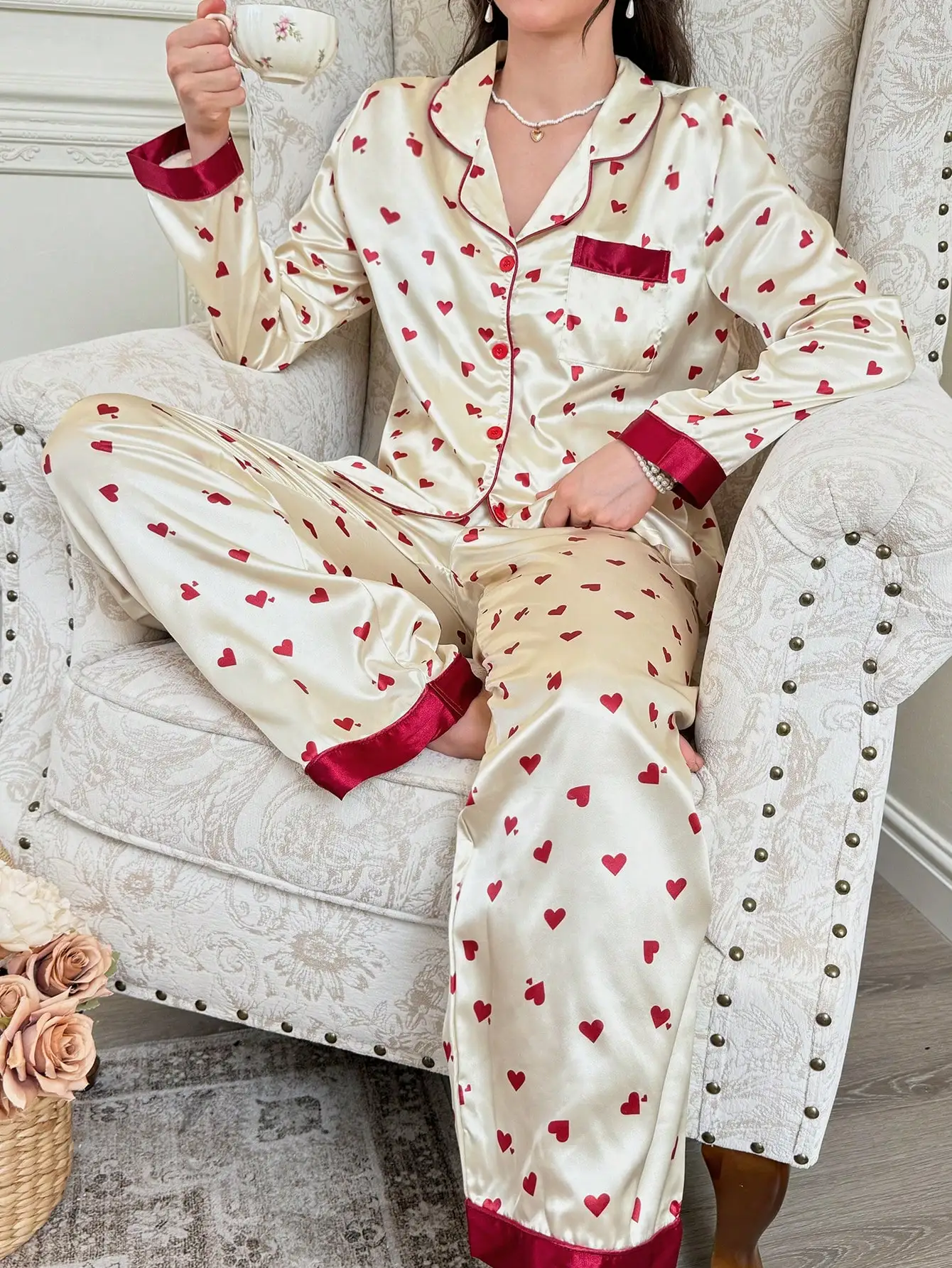 

Cream Heart Print Faux Silk Pajama Set with Contrast Red Trim Lapel