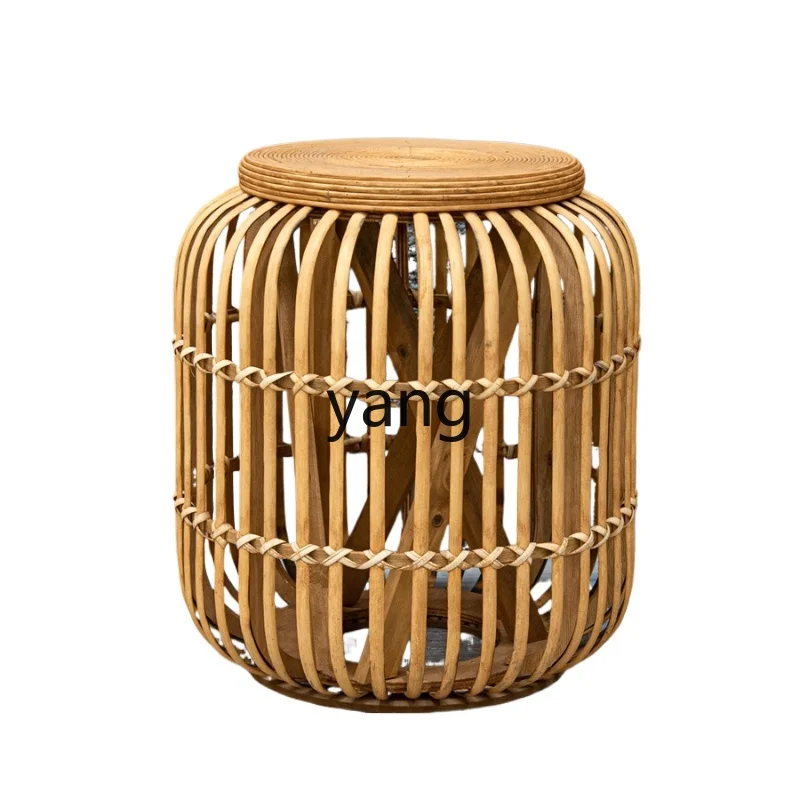 Yjq Rattan Tea Table Handmade Rattan Stool Living Room Balcony Home Small Apartment B & B Glass High round Table