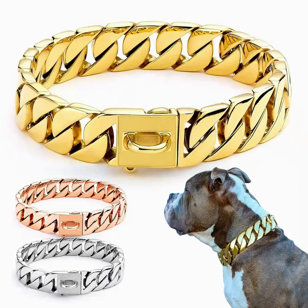 Chunky Heavy Duty Big Stainless Steel Dog Collar, Gold Cuban Link, Dog Collar, 32mm, Pet Accessories