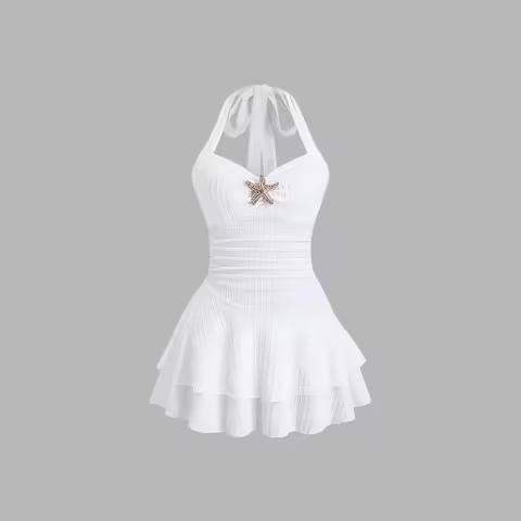White Halter Neck Mini Dress Women's Ruffled Starfish Embellished Summer Casual Evening Gown