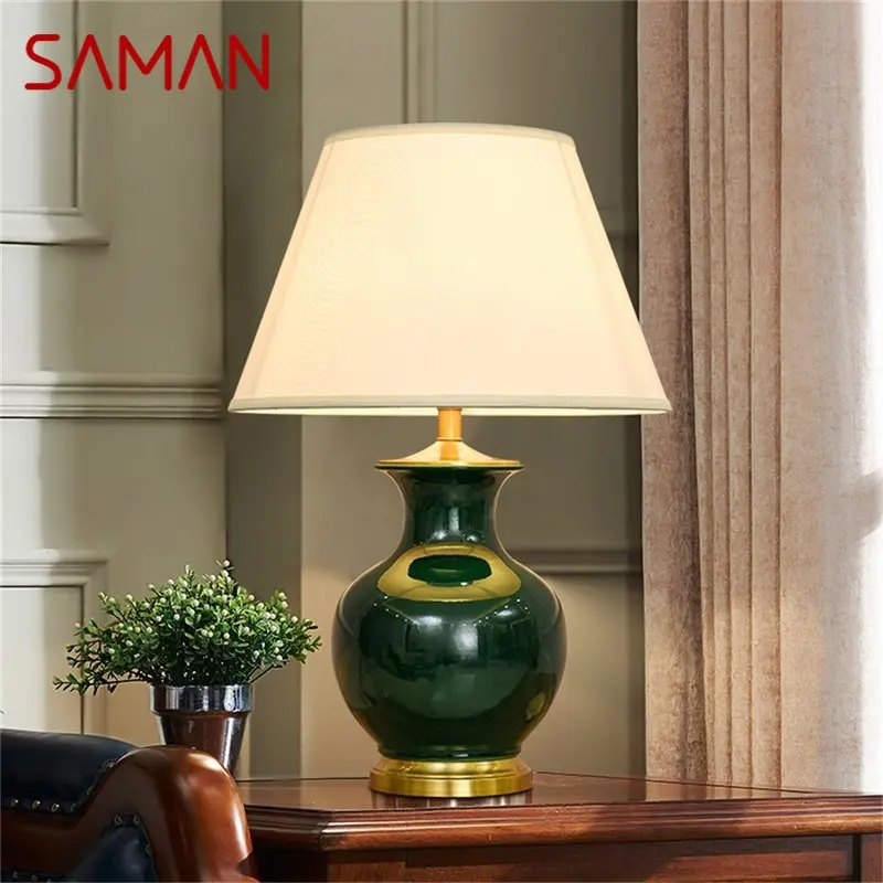 

SAMAN Ceramic Table Lamps Green Luxury Brass Desk Light Fabric for Home Living Room Dining Room Bedroom Office